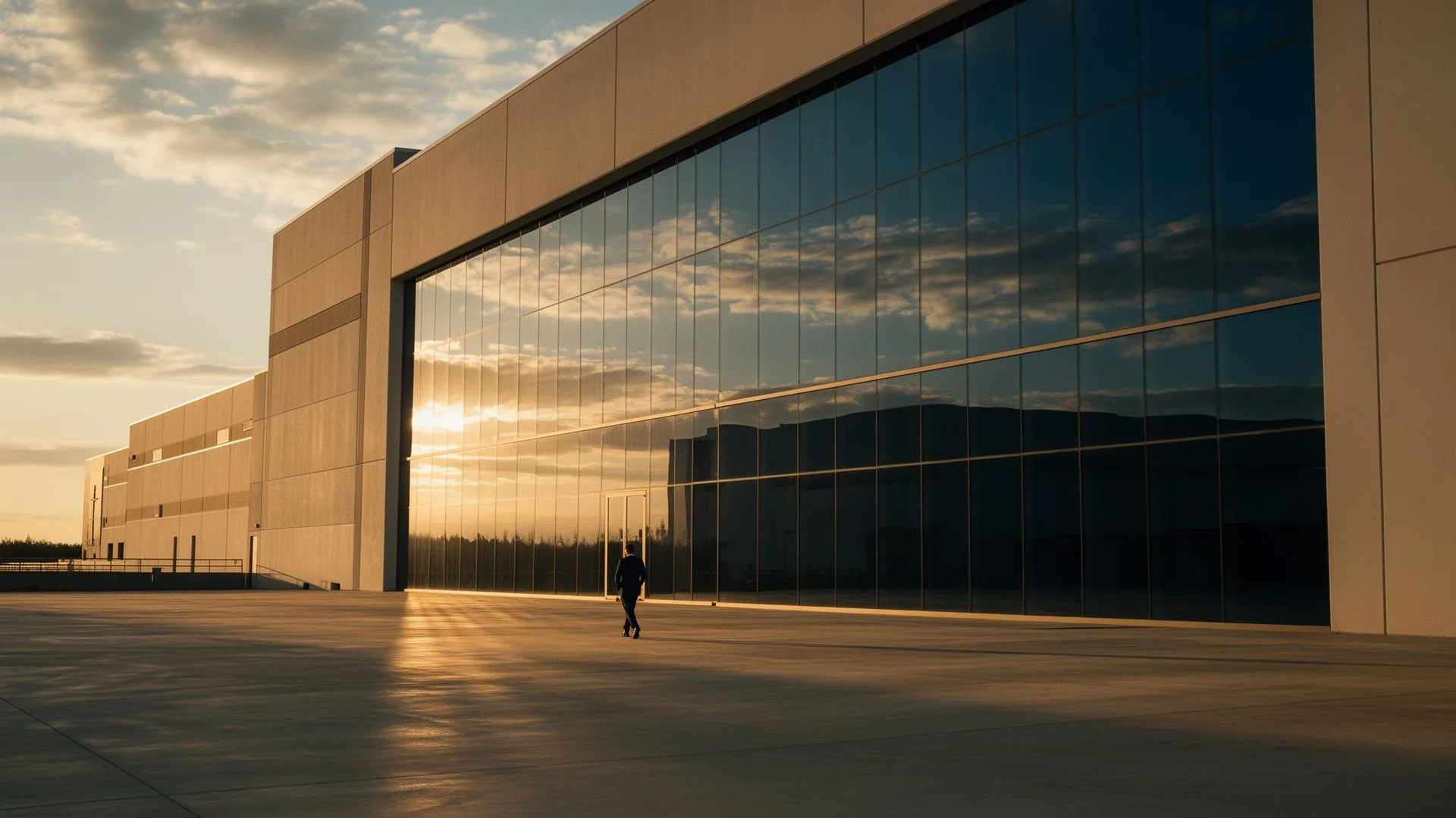 Modern manufacturing facility at golden hour